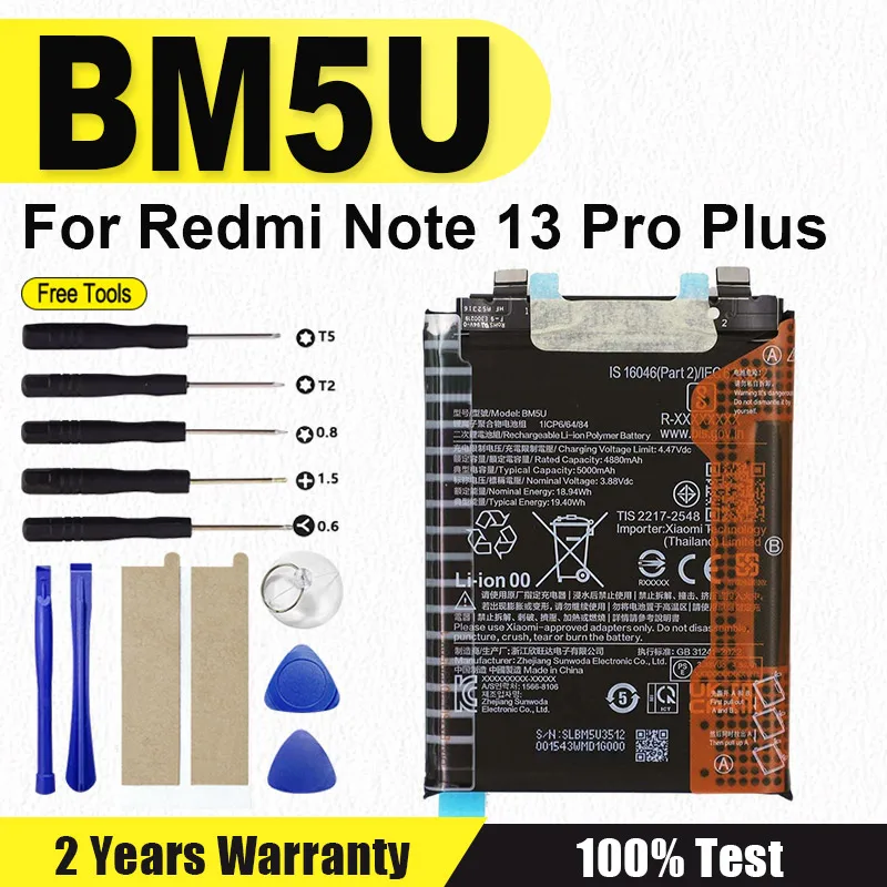 

NEW BM5U Rechargeable Battery For Xiaomi Redmi Note 13 Pro Plus Note 13 Pro+ Mobile Phone Battery + Free Tools