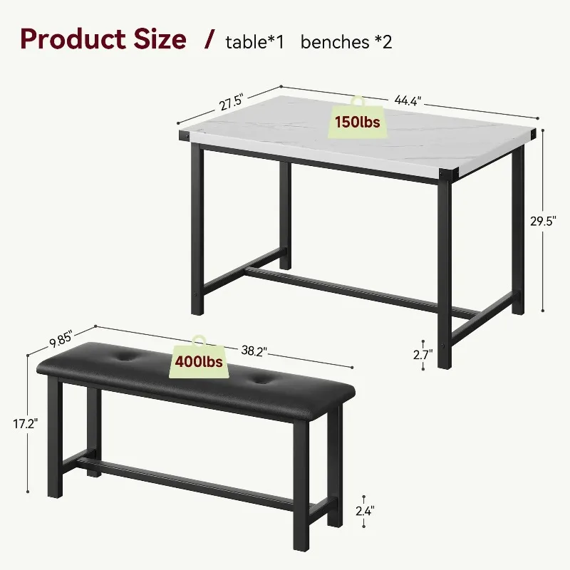 Dining Table Set For 4 Person, 1 Kitchen Table And 2 Upholstered Bench, Rectangular Dinner Table Set For Apartment
