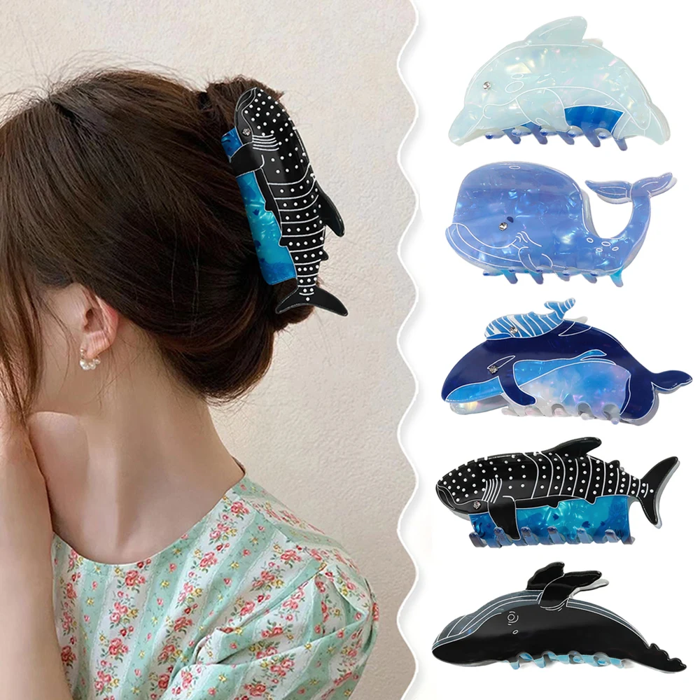 1PC Retro Cute Blue Whale Acetate Hair Claw Cartoon Marine Shark Hair Clips Hair Tiara Accessories Vintage Design Jewelry Gift