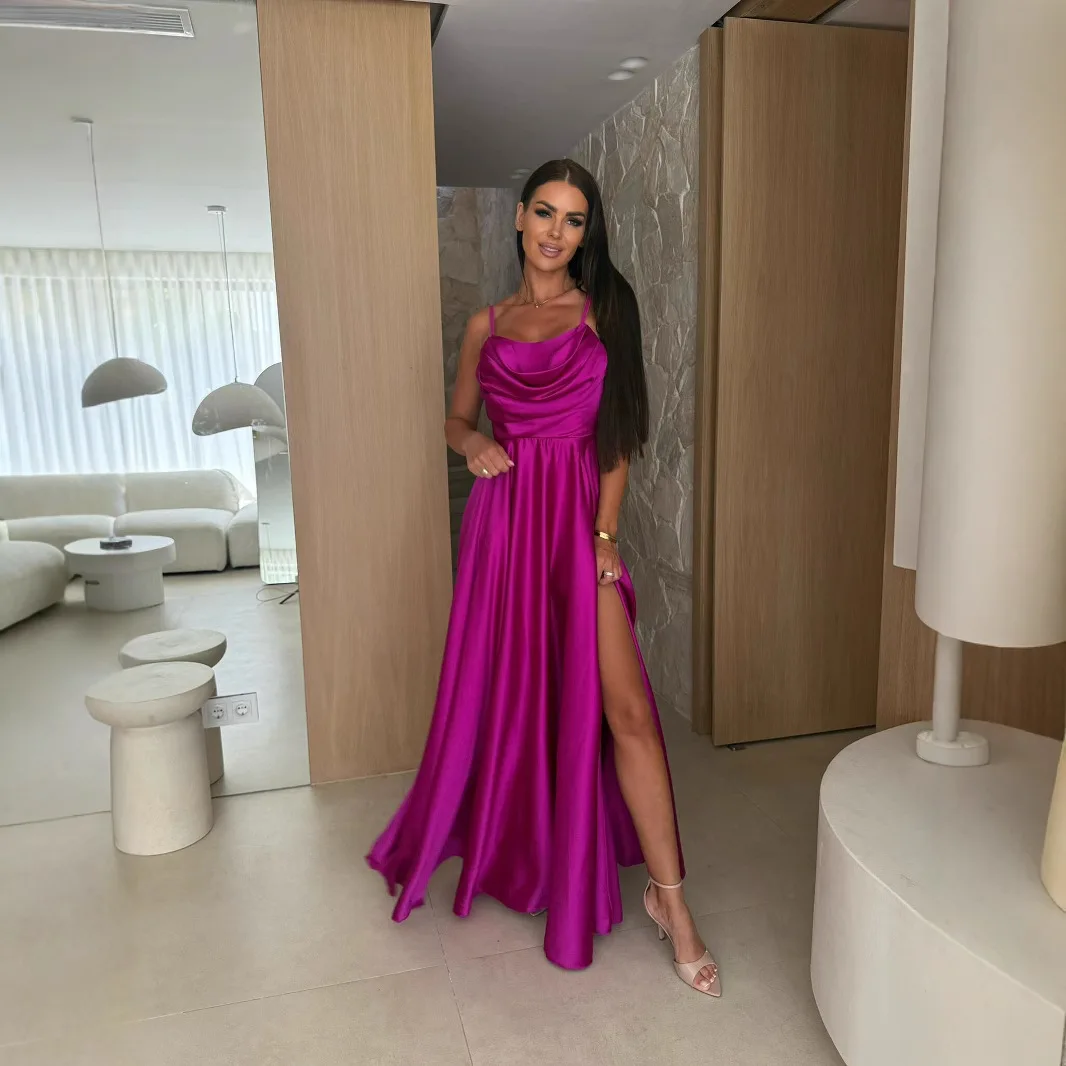 Vestido elegante de satén para mujer, Maxi vestido de playa para pierna Sexy con abertura lateral, correas ajustables, vestido de fiesta de noche, vestidos de dama de honor baratos