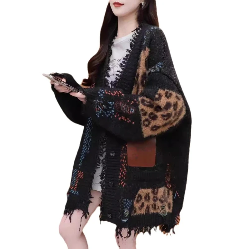 카디건 여성 스웨터 중간 길이 코트 캐주얼 루즈 풀 슬리브 점퍼 Y2k streetwear 우아한 니트 오픈 스티치 가을 겨울