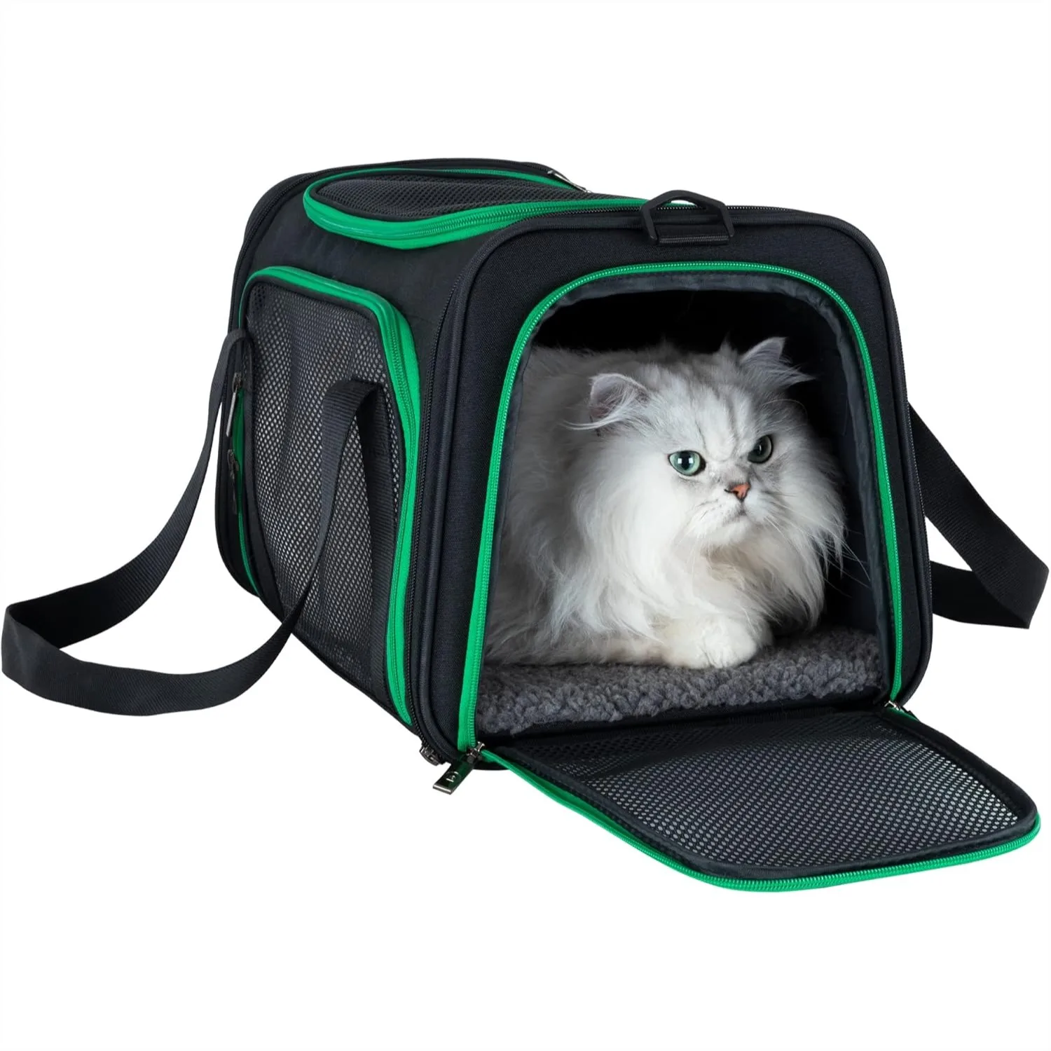 

Pet Carrier Bag for Cats & Dogs, Airy Mesh Windows Reduce Anxiety, Rip-Stop Fabric Lockable Zips, Washable Comfy Pad Collapsible