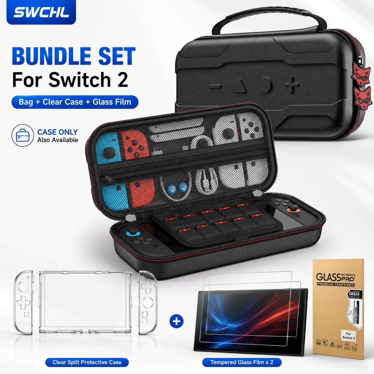 SWCHL Carrying Case for Nintendo Switch 2 EVA Hard Shell Storage Bag 10 Game Card Slots Clear Case Glass Film Bundle