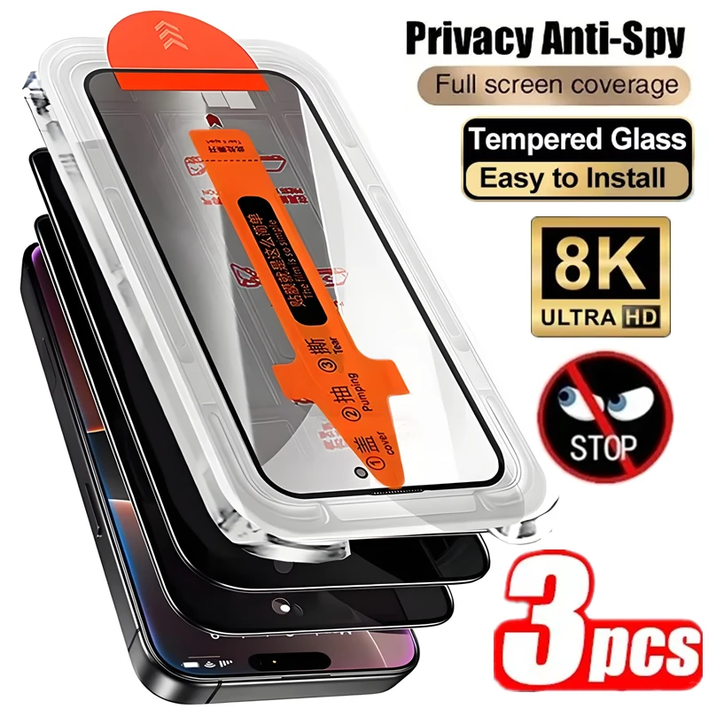 

3Pcs Arc edge Privacy Tempered Glass for IPhone 17 16 15 14 13 12 11 Pro Max Anti-Spy Screen Protector Easy Tool Protector Glass
