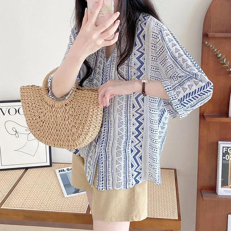 

Folk Geometric Printed Shirt 2024 Summer V-Neck Commute Single-breasted Women's Clothing Stylish Casual 3/4 Sleeve Loose Blouse