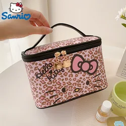 Sanrio Hello Kitty Pink Leopard Zipper Cosmetic Bags Women New Handheld Makeup Bag & Tote Bag PU Leather Lunch Box Bag