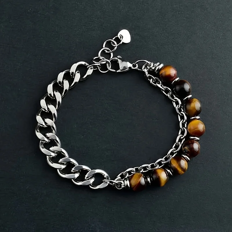 Pulsera de piedra de ojo de tigre de acero inoxidable, cadena de molienda de doble cara, joyería dominante de moda europea y americana para hombres