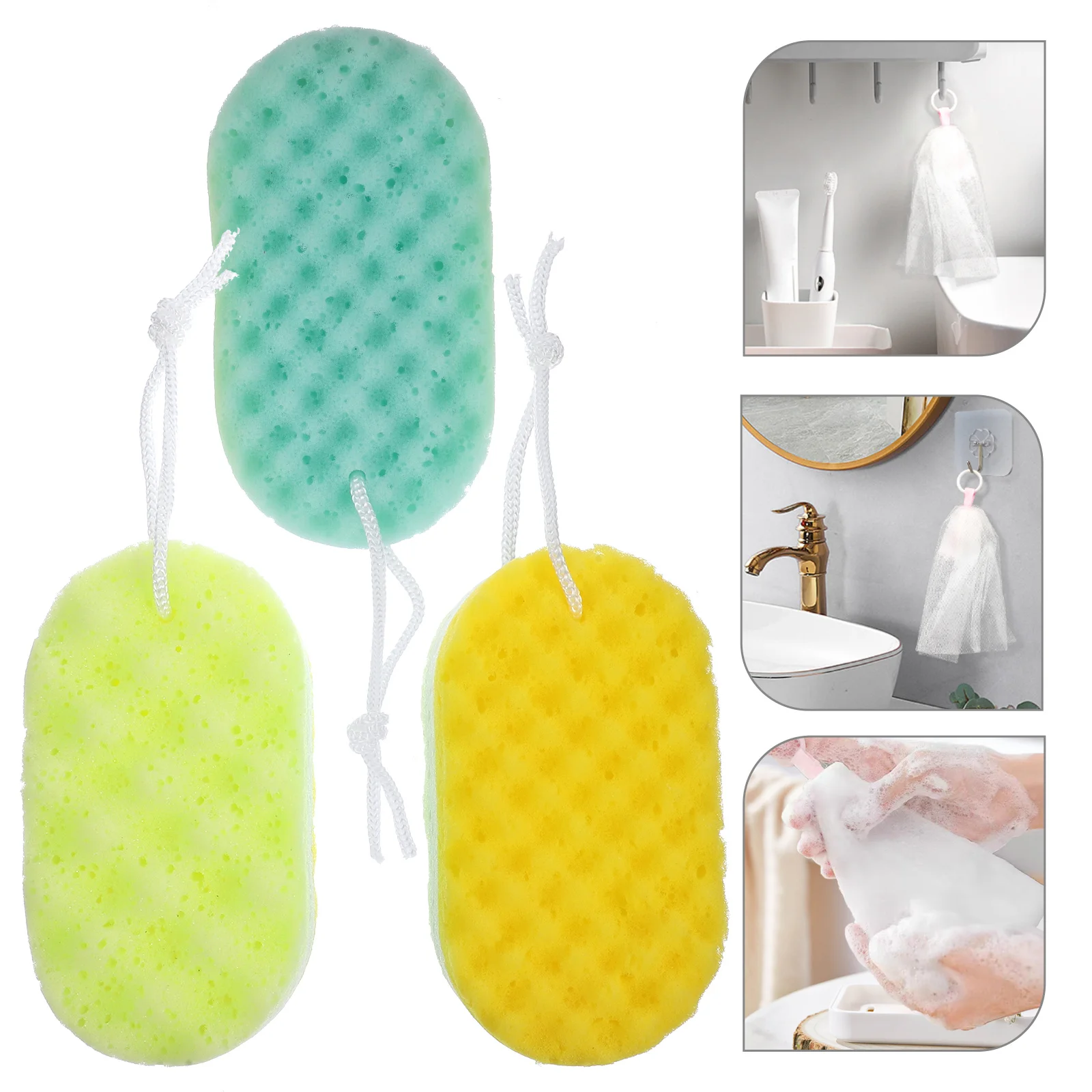 ฟองน้ำอาบน้ำ 3 ชิ้น ฟองน้ำขัดผิว ขัดตัว อุปกรณ์อาบน้ำ พร้อมเชือกแขวน สำหรับผู้หญิง ผู้ชาย เนื้อนุ่ม ทนทาน ช่วยเพิ่มความชุ่มชื้น