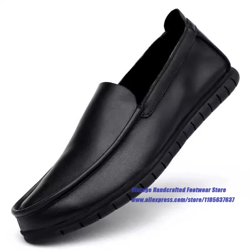 Men's Black Leather Slip On Loafers Soft Leather Soft Sole Dress Shoes Round Toe Casual Shoes Vintage Handcrafted Men's Shoes