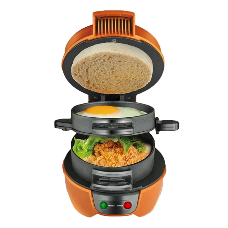 ABBN-Orange Multifunctional Hamburger Maker Bread Machine Home Breakfast Machine Toasting Electric Pancake Maker EU Plug