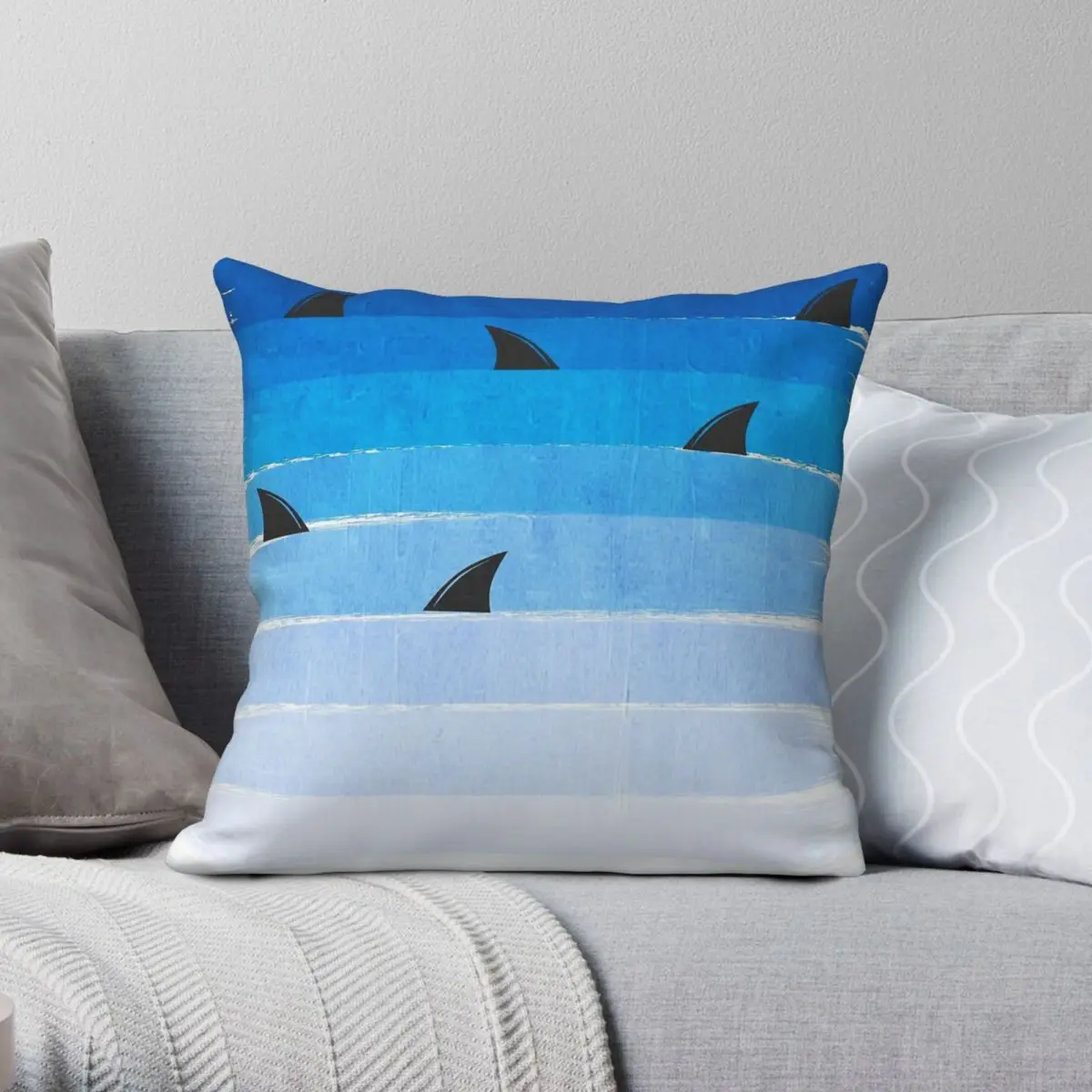 Sharks Ombre Blue Ocean Surfing Square Pillowcase Polyester Linen Velvet Printed Zip Decorative Car Cushion Cover 18