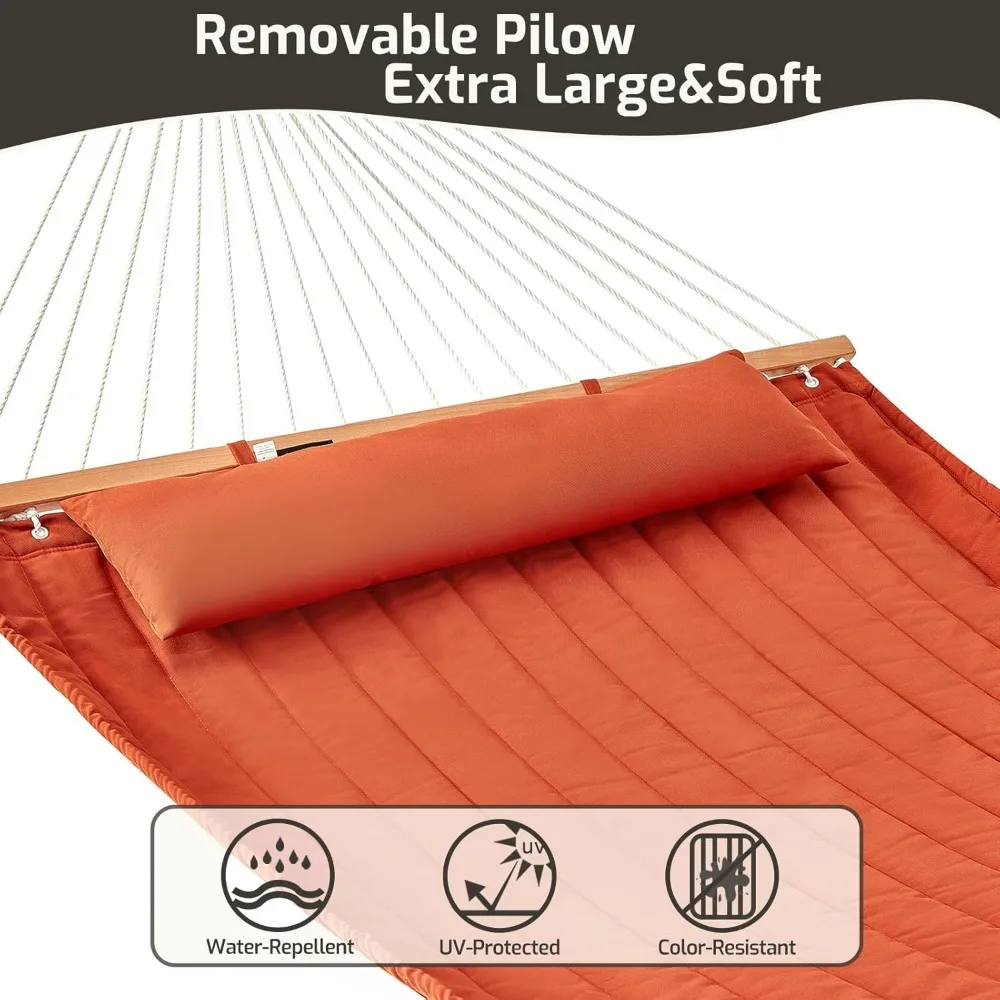 Rede grande para pátio externo para duas pessoas com tecido acolchoado duplo e barras espalhadoras de madeira dura, capacidade de 450 lb, pillo confortável