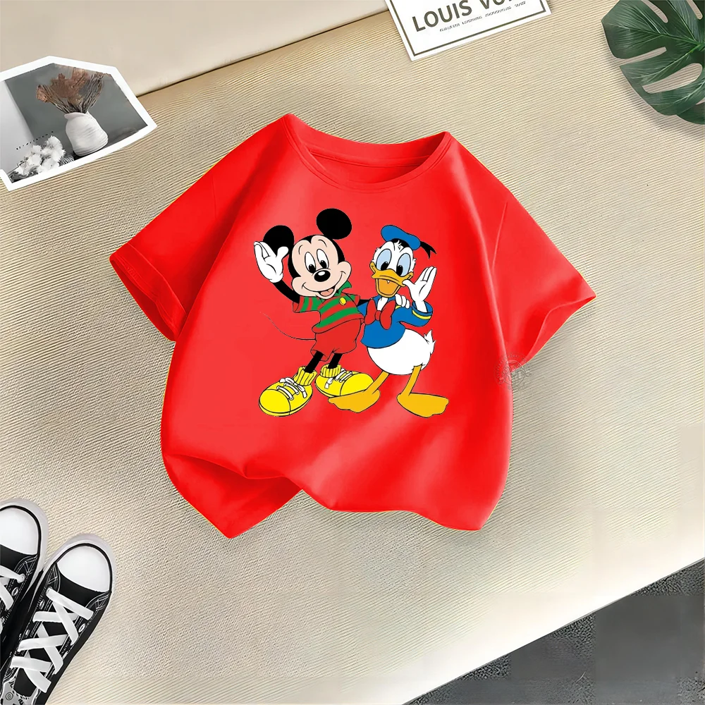 Disney Teen Summer Apparel 100% Cotton T-shirt Cute Mickey Mouse & Donald Duck Kids Crewneck T-shirt Top Boys Girls Casual T-shi