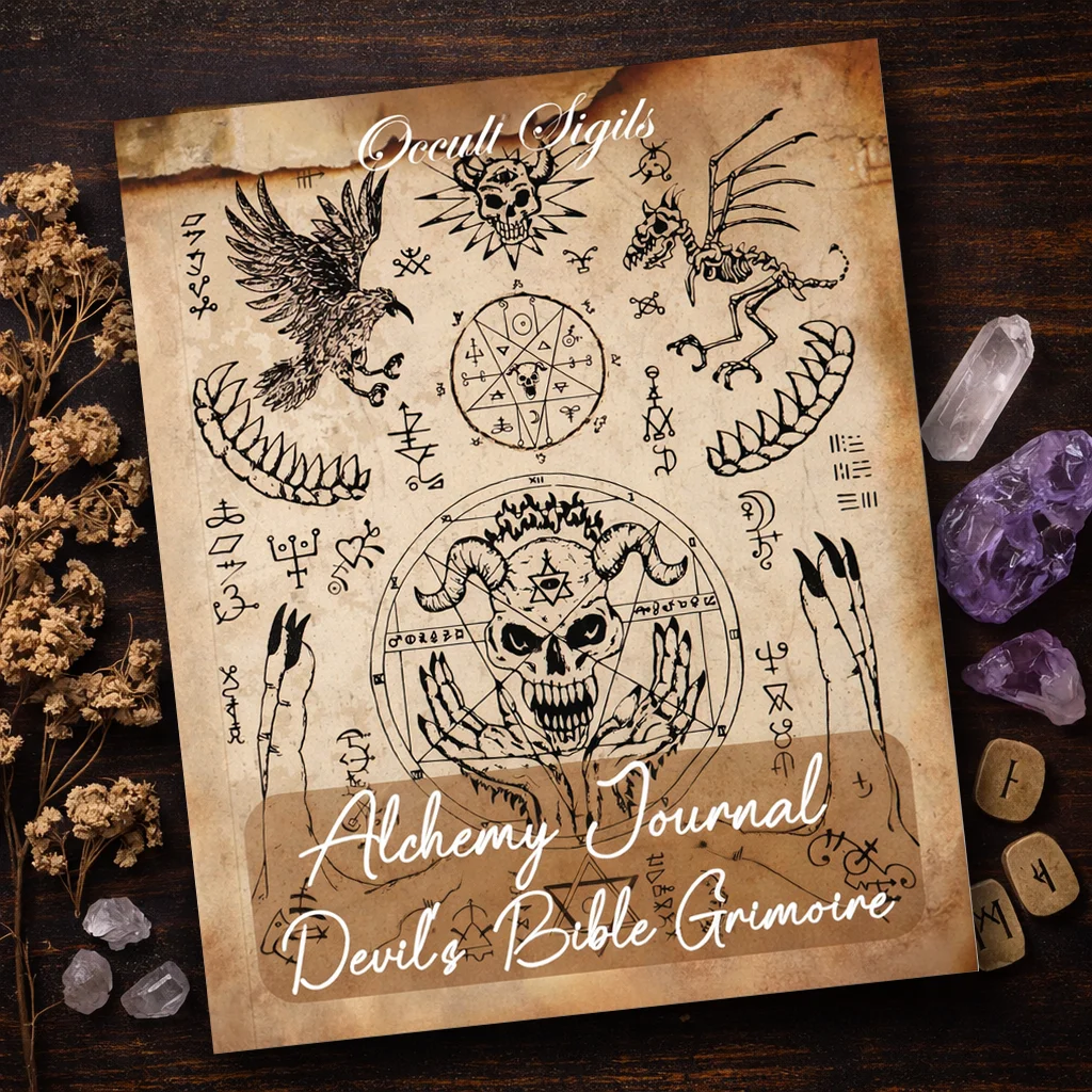 Alquimia Diário Bíblia do Diabo Grimoire Sigilos Ocultos 50 páginas Folhas Manuscrito Oculto Vintage Estético Sigilos Místicos Mágicos