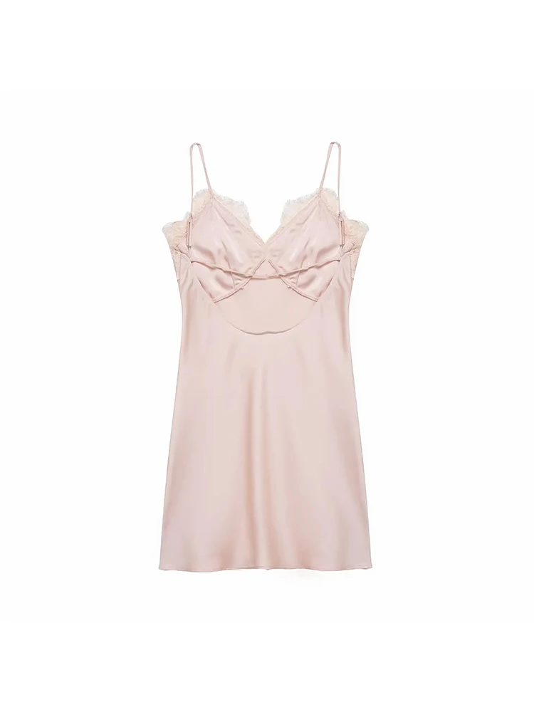 Mini robe Sexy en Satin pour femmes, col en v, dentelle, Patchwork, sans manches, dos nu, Slim, Chic, robe de vacances