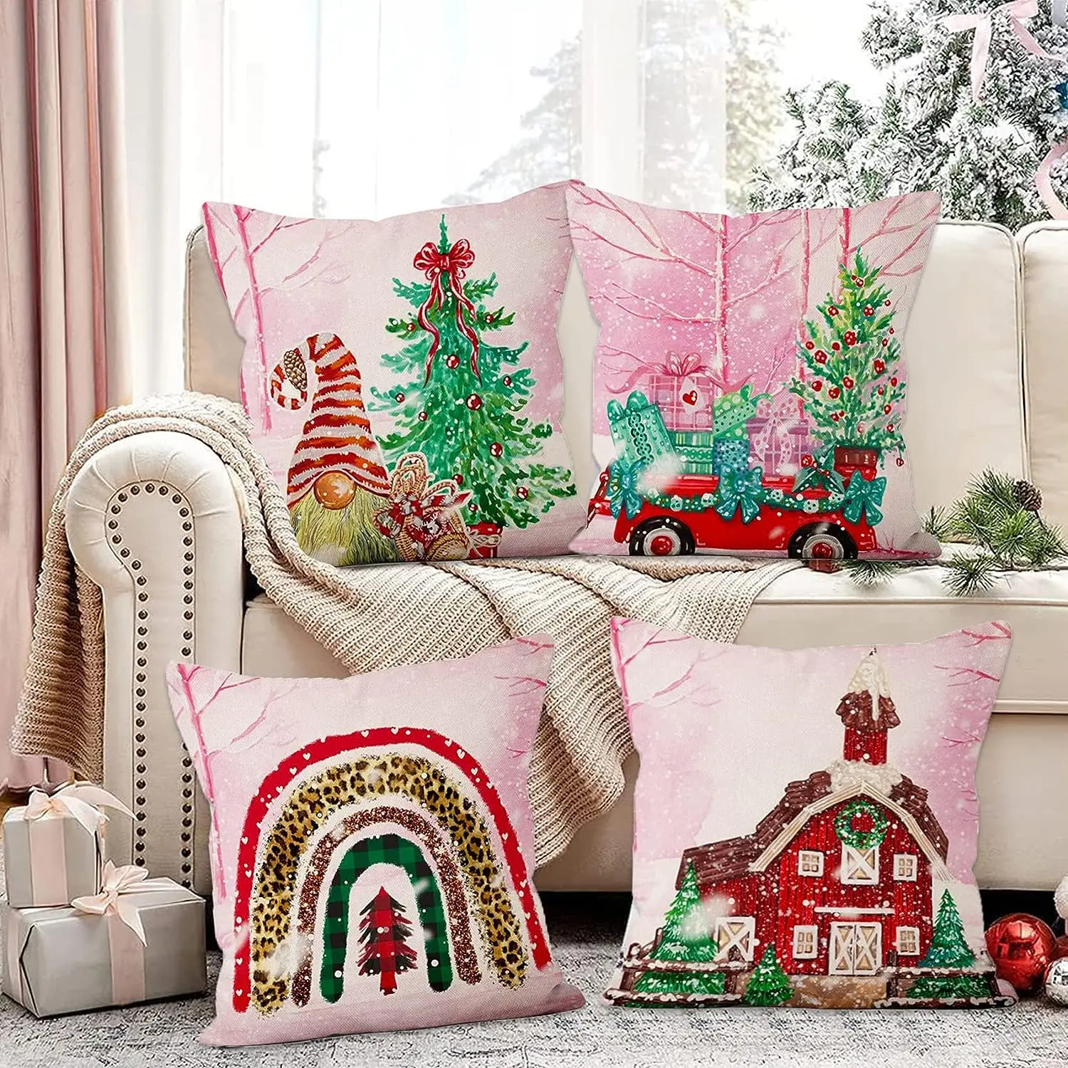 Pink Christmas Pillowcase Red Truck Throw Pillowcase Christmas Decorations Winter Outdoors Courtyard Cushion Cover Linen Square