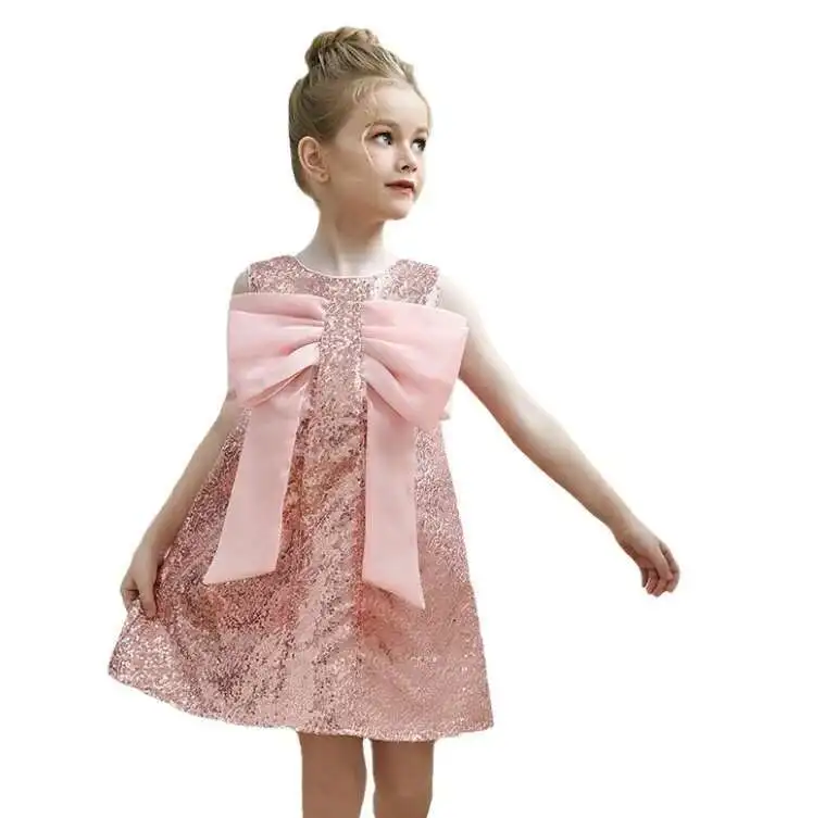 

New Baby Girls Boutique Pink Sequined Bow Vest Dress, Princess Kids Elegant Party Dresses 3-7T