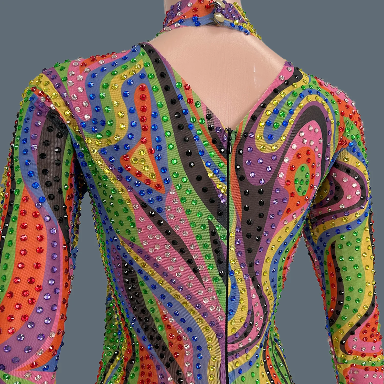 بذلة من حجر الراين بلون قوس قزح سباركلي، بدلة قفز ضيقة عصرية رائعة، ملابس سحب الملكة، ملابس الحفلات Liuliku