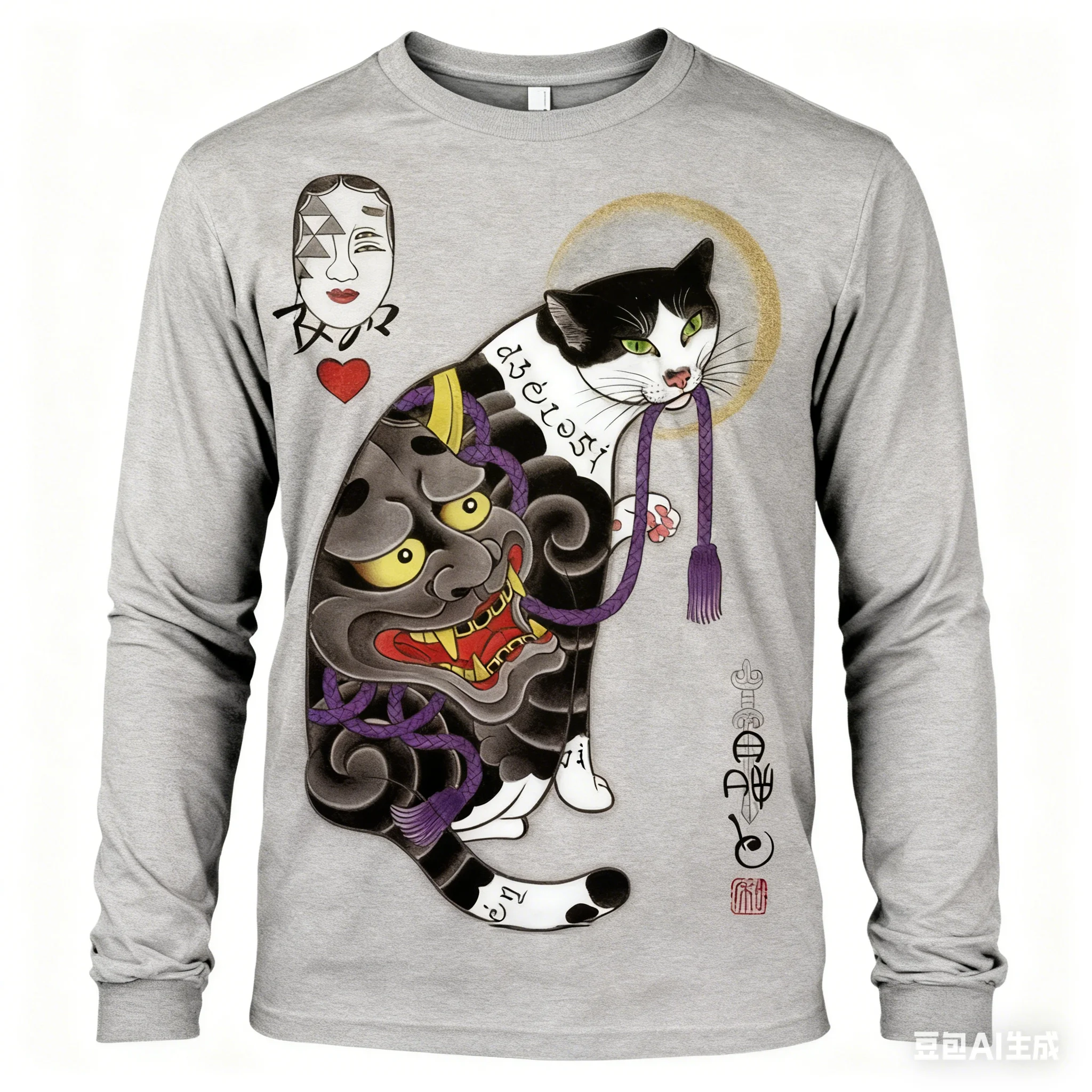 春秋カジュアルOネックルーズ長袖トップス日本武士猫プリントメンズTシャツヒップホップトレンドTシャツy2k服