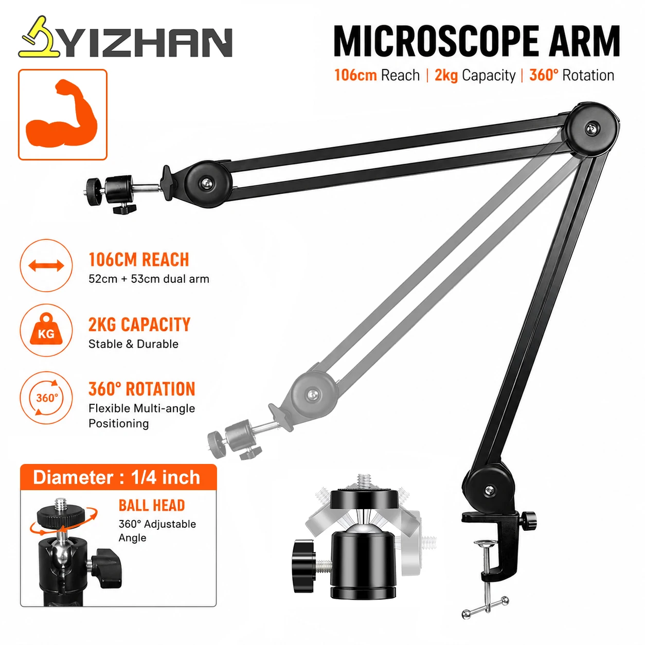 Support de microscope réglable robuste, capacité 2 kg, 360° °   Support rotatif 1/4 pour l'observation, la réparation, la soudure et la diffusion en direct