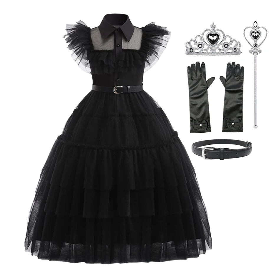 2023 New Dress for Girls Gothic Costume Kid Teen Wednesdays Addams Dance Vestidos Halloween Cosplay Robe Clothes