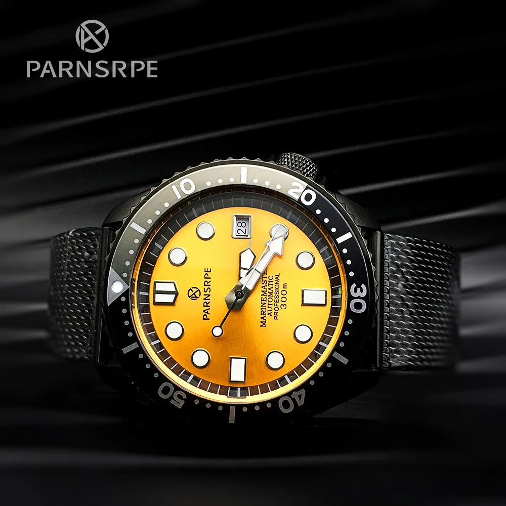 

PARNSRPE Diver Automatic Mechanical Men's Watch NH35 Caliber Super Blue Luminous Yellow Dial Date Display Sports Watch