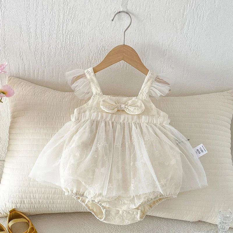 

2026 New Summer Newborn Baby Girl Romper Flying Sleeve Cotton Mesh Splicing Toddler Baby Girls Jumpsuit 0-24M Children Clothes
