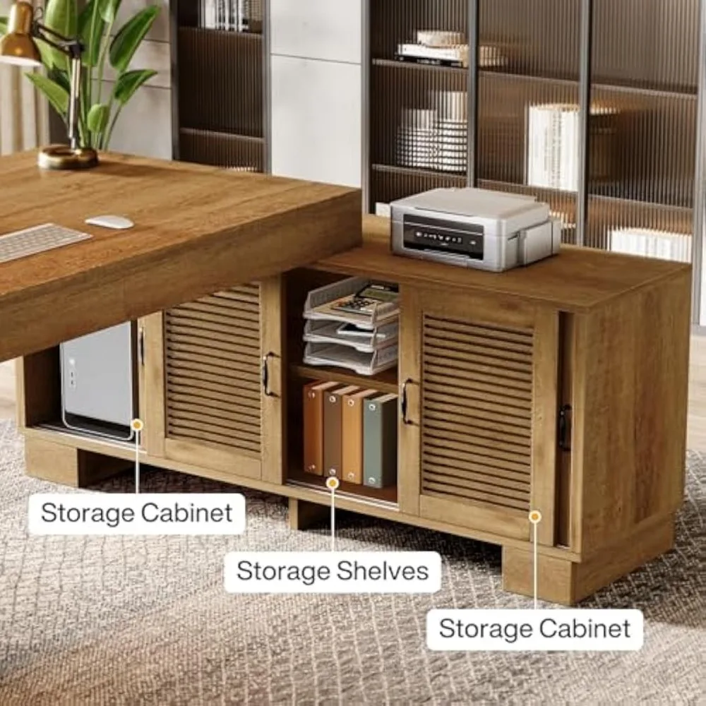 مكتب تنفيذي على شكل حرف L مع خزائن تخزين ورف من طبقتين، أثاث أعمال حديث بسيط مقاس 63 بوصة وكتابة كمبيوتر كبيرة