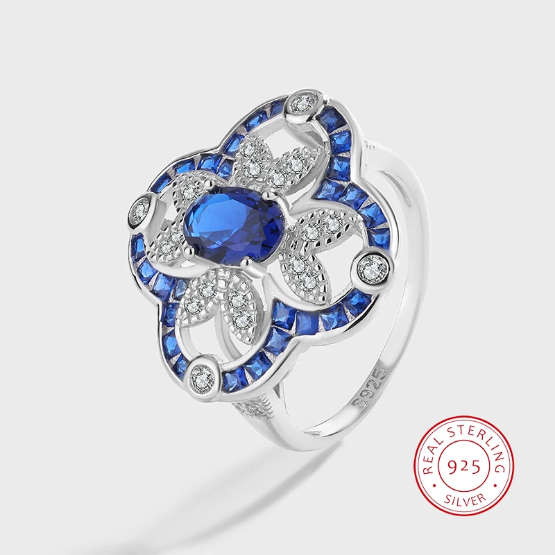 

Creative S925 Silver Hollow Blue Four-Claw Oval Flower Leaf Ring Ladies Valentine's Day Gift Jewelry