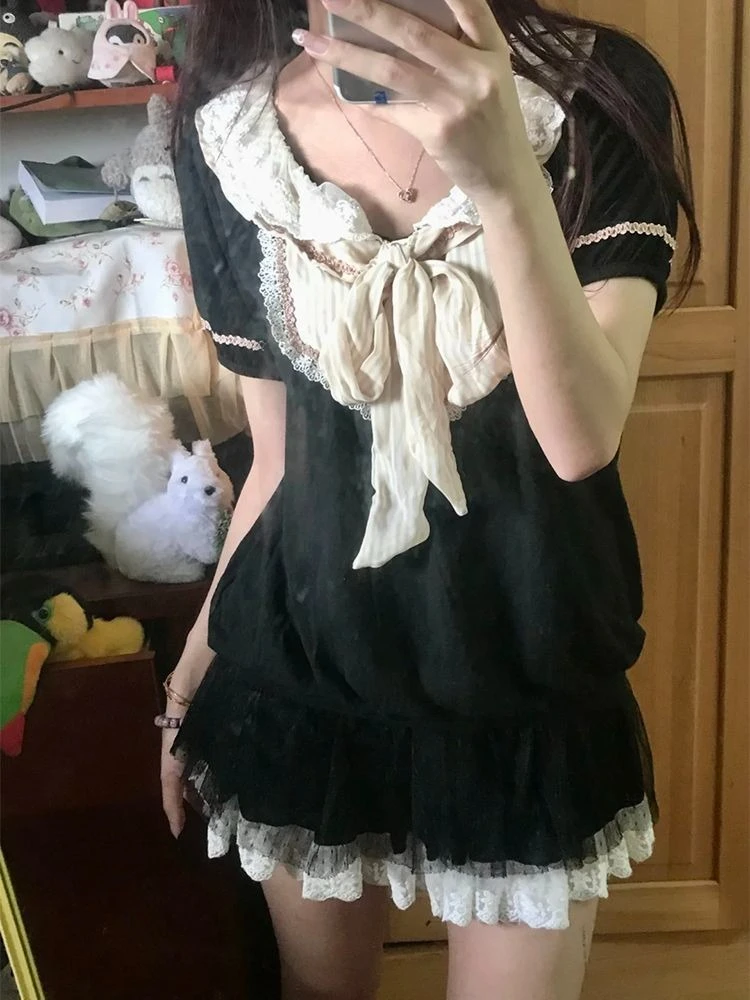 

Милое кавайное платье в стиле Лолита с эффектом двухслойности, женское повседневное мини-платье с кружевом, бантом, коротким рукавом и оборками по низу, в японском стиле Y2K, уличная мода