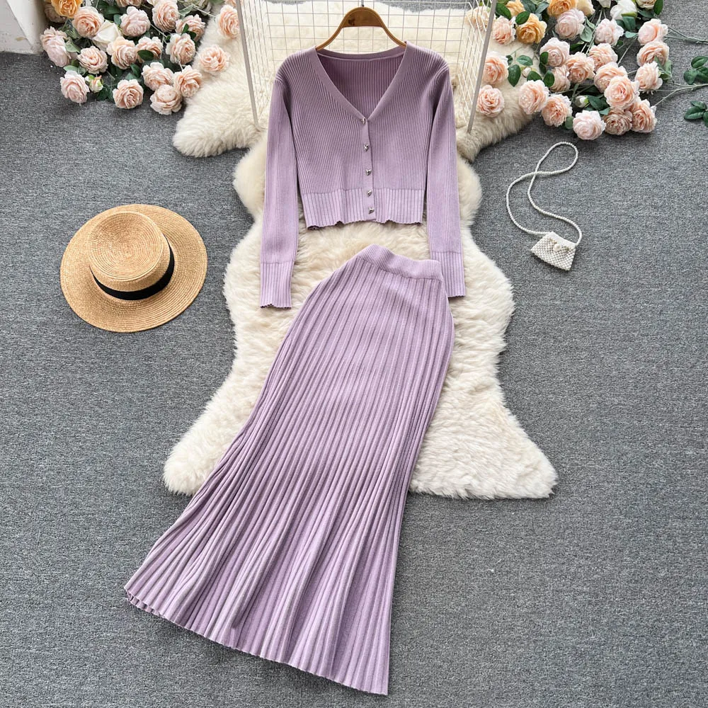 

Elegant Skirt Suits for Women Solid V-neck Short Knitting Cardigan+High Waist Slim Mermaid Skirts Two Pieces Lady Commute Sets