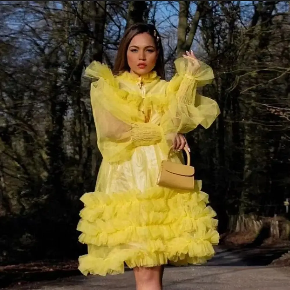 

Yellow See Through Fashion Dresses Tulle Ruffles Layer High Neck Knee Length Party Dress Spring Summer Dance Holiday Gowns