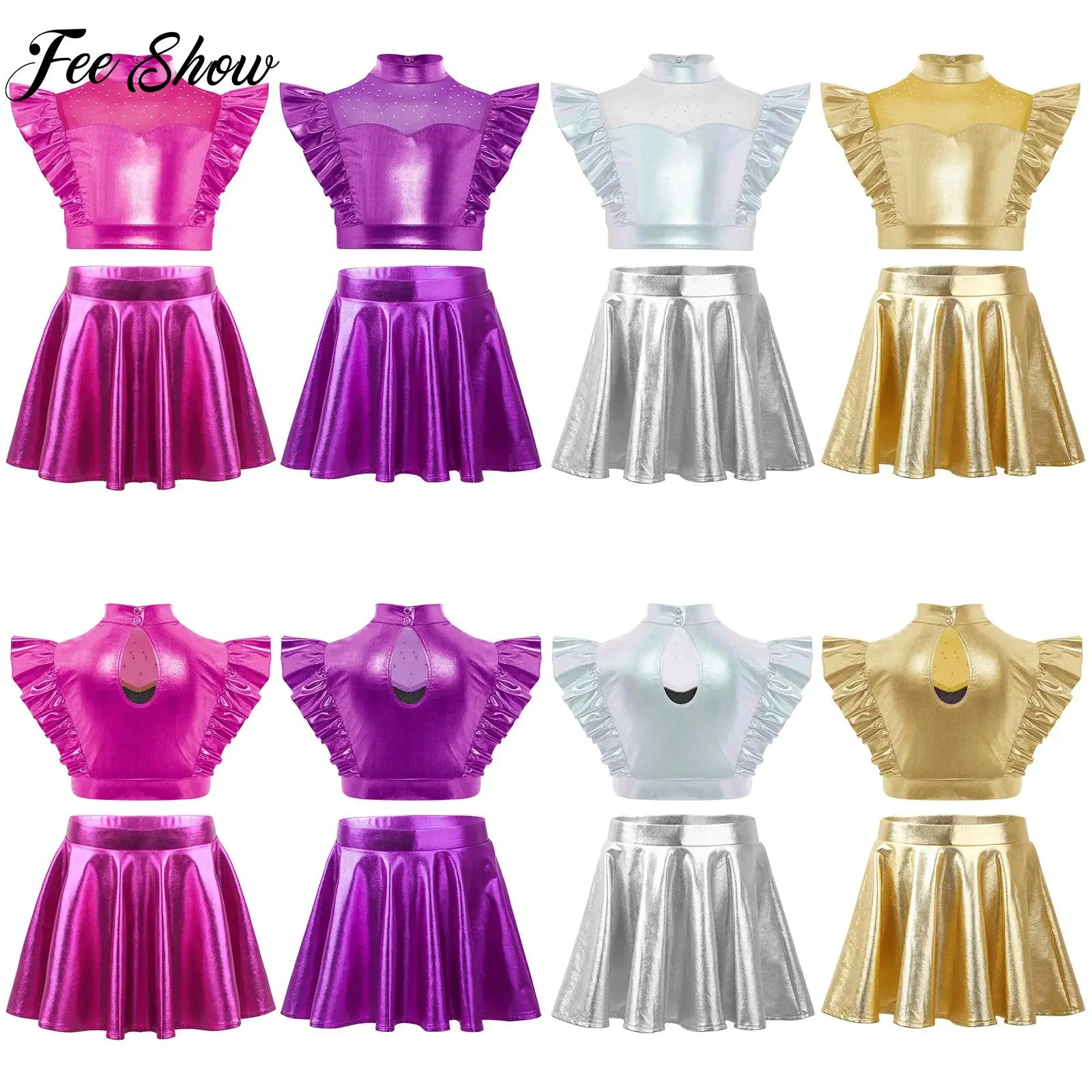

Новые детские костюмы для джазовых танцев для девочек, латинских танцев, чачи, самбы, с сетчатыми вставками и стразами, без рукавов, металлический укороченный топ + юбки, комплект из 2 предметов