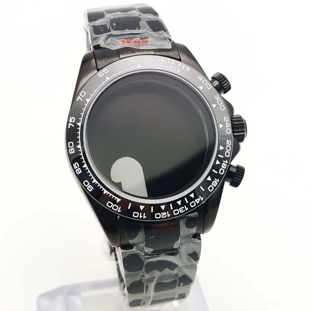 40mm ブラック PVD ​​ステンレススチール クォーツ ケース + ストラップ、VK63/VK64 ムーブメントに適しています、サファイアガラス