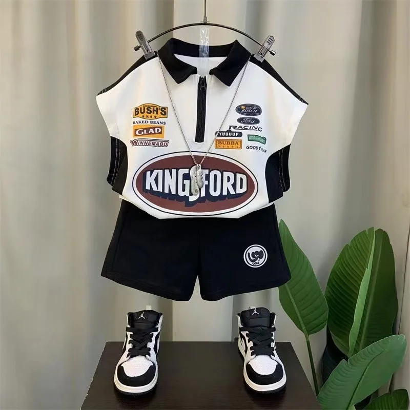 Half Zipper Summer Sport Clothing Cotton Letter Pullover Shirt And Black Shorts 2PCS Baby Boys Clothes Fashion Casual Kids Set