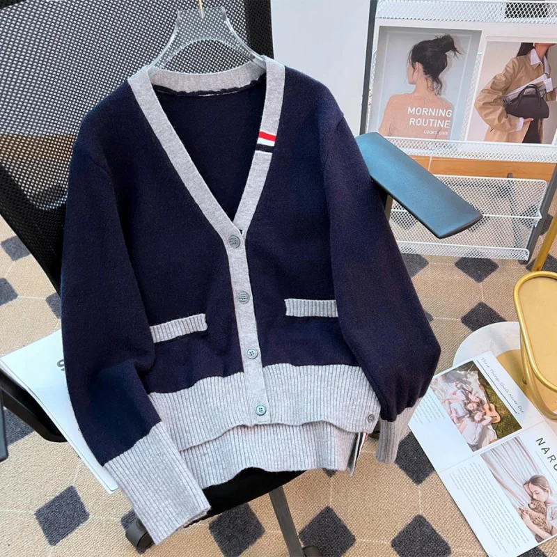 tbAutumn and Winter New Red, White and Blue Contrast Color StripesvCollar Loose Wool Knit Cardigan Long Sleeve Casual Sweater Co