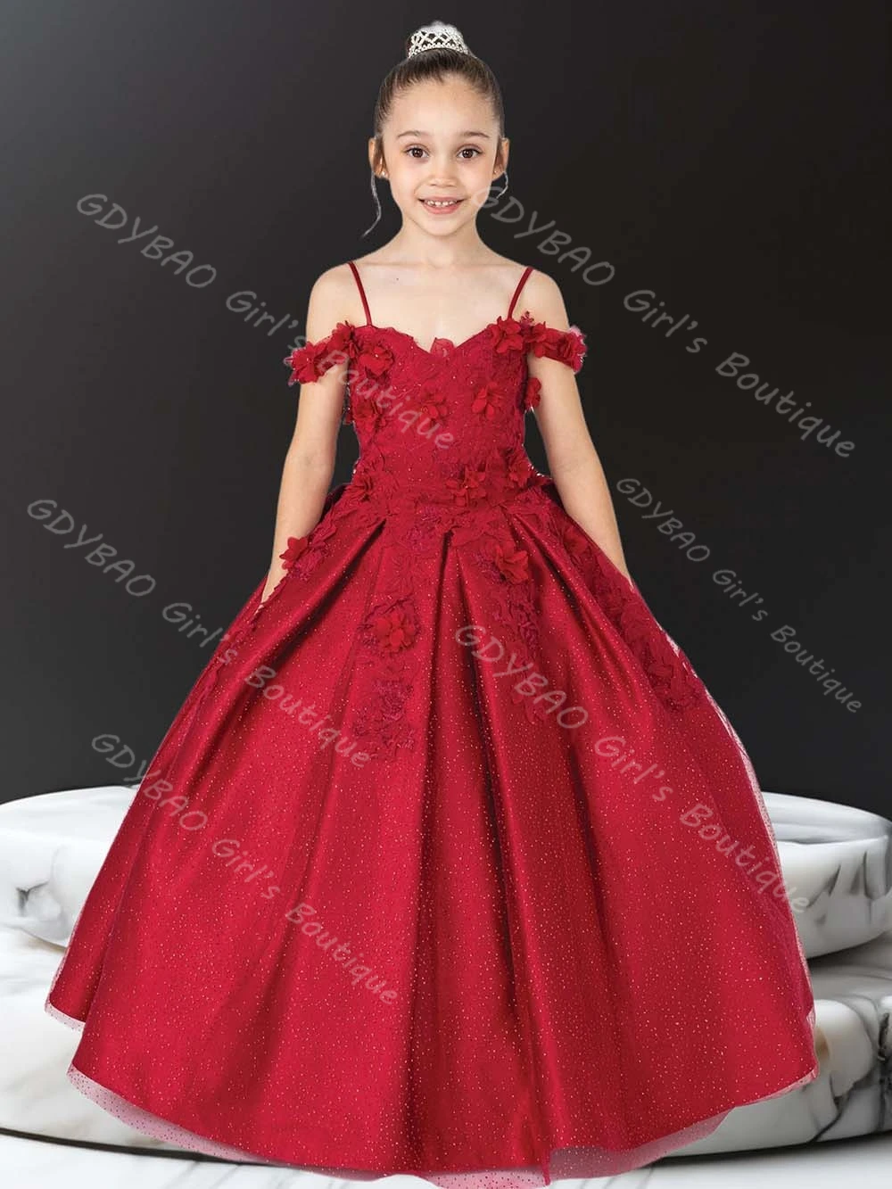 

Customized Girls Princess Dress Drop Shoulder Ball Gown 3D Applique Flower Girl Dress for Wedding 2-14 Kids Pageant Party Gown