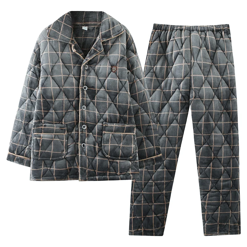 

Men Pajamas Winter Three Layers Padded Flannel Pajama Set Big Yards 3XL Coral Fleece Casual Thick Homewear Warm Sleepwear Pijama