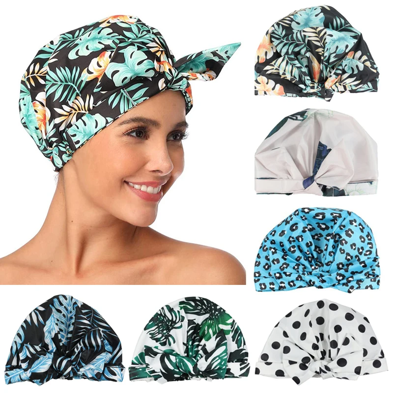 Stylish Shower Cap Waterproof Shower Cap Striped Bath Caps with Adjustable Elastic Band for Women Long Thick Hair