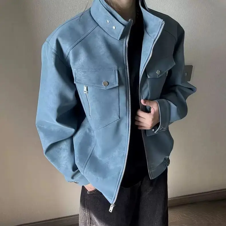 

American Fashion Blue Stand Up Collar Workwear Jacket 2025 Men's Spring New Style High-end Retro PU Leather Short Coat