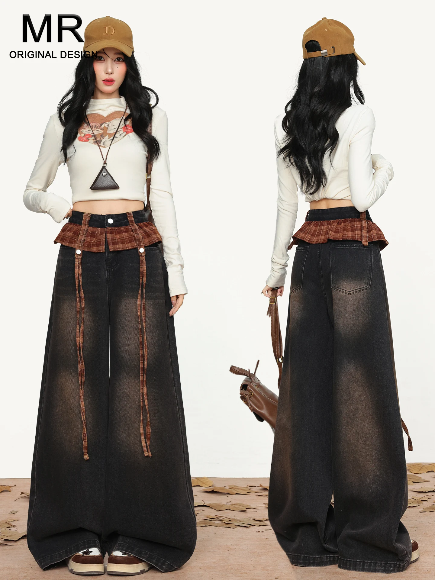 

High Waist Loose Fit Plaid Lace Trim Wide Leg Jeans Women's Summer New Style Straight Cut Trousers Casual American Style Denim