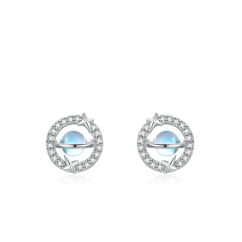 RYJU 925 Sterling Silver Exquisite Blue Cat's Eye Stone Moon Planet Earrings for Women Simple Star Zircon Earrings Party Jewelry