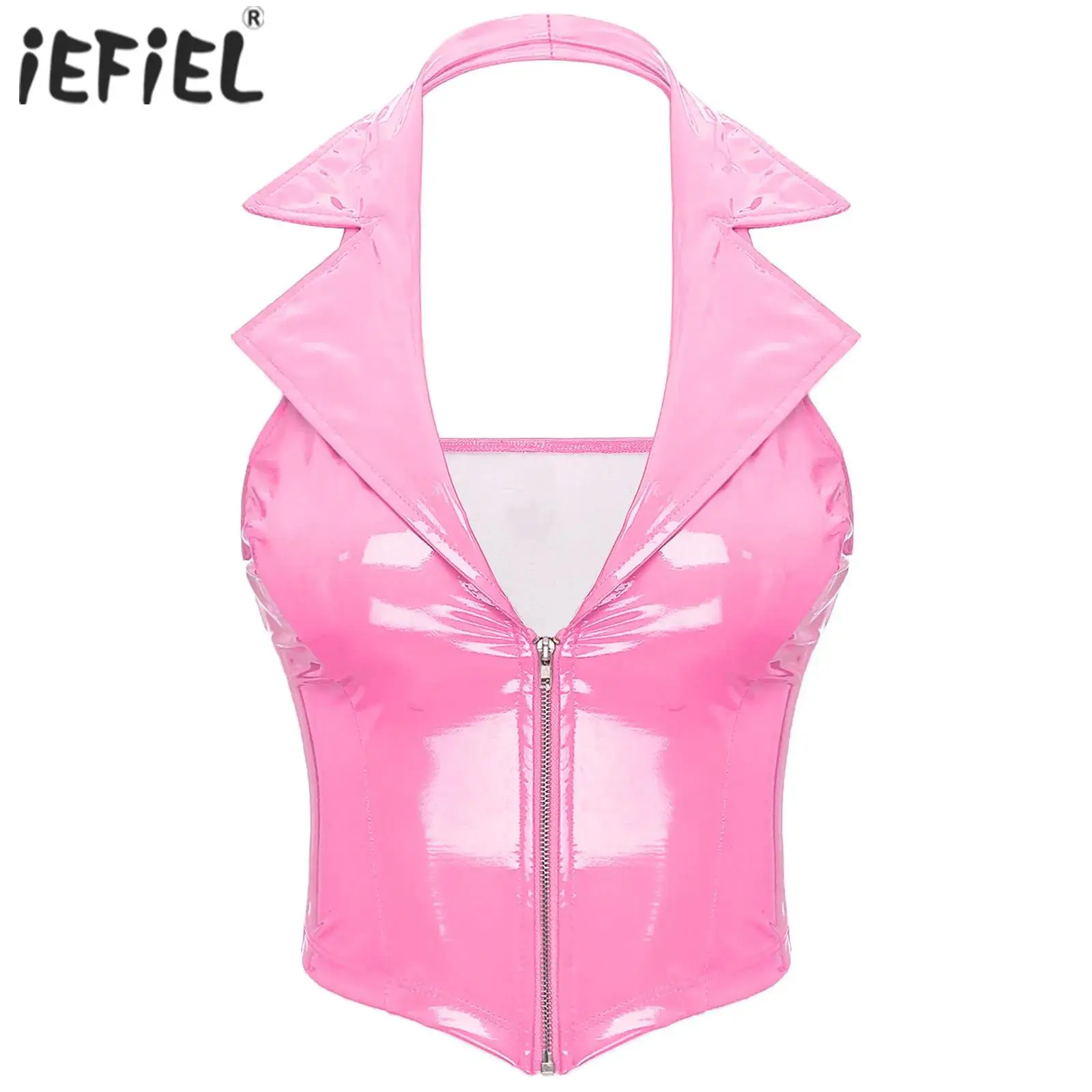 Wetlook Latex Halter PU Leather Camisole Tops Glossy Patent Leather Vest Notch Lapel Deep V Neck Front Zipper Slim Fit Waistcoat