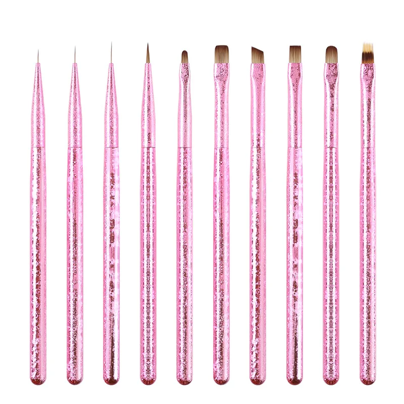 10Pcs Pink Crackle Plated UV Gel Nail Art Brush Set Multi Tips For French Builder Liner Flower Gradient DIY & Salon Manicure