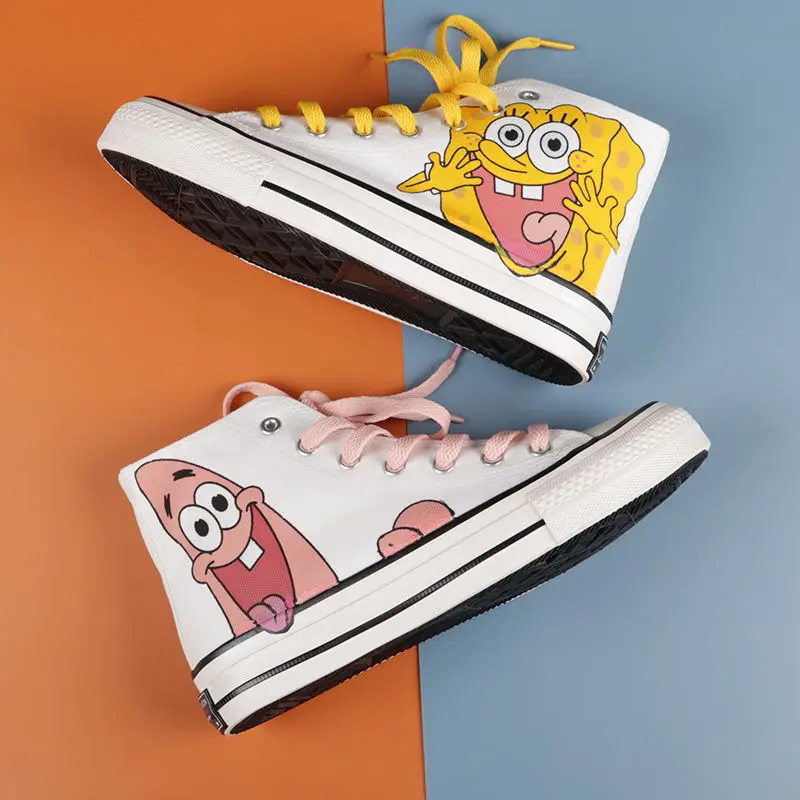 2024 Spring Summer New Sponge Baby Canvas Hand-painted Board Shoes For Male And Female Students Korean High Top flat shoes