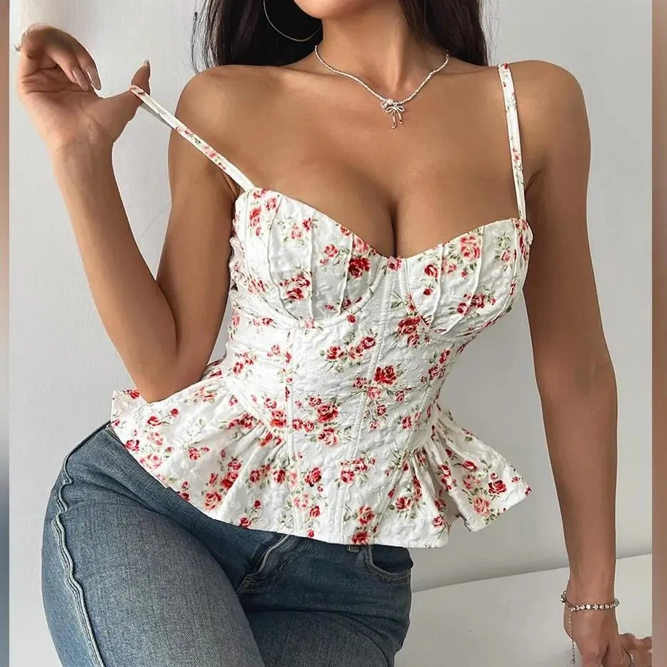 Top Bandeau con espalda descubierta y estampado Floral para mujer, Top asimétrico con volantes, tirantes finos adelgazantes, Tops de moda Y2K para primavera y verano
