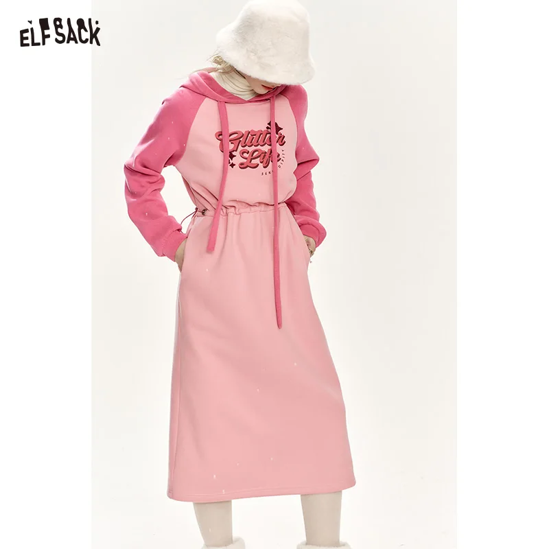 

ELFSACK 2024 Winter New Arrivals Hooded long women dress with raglan sleeves, contrasting letter print, waist drawstring