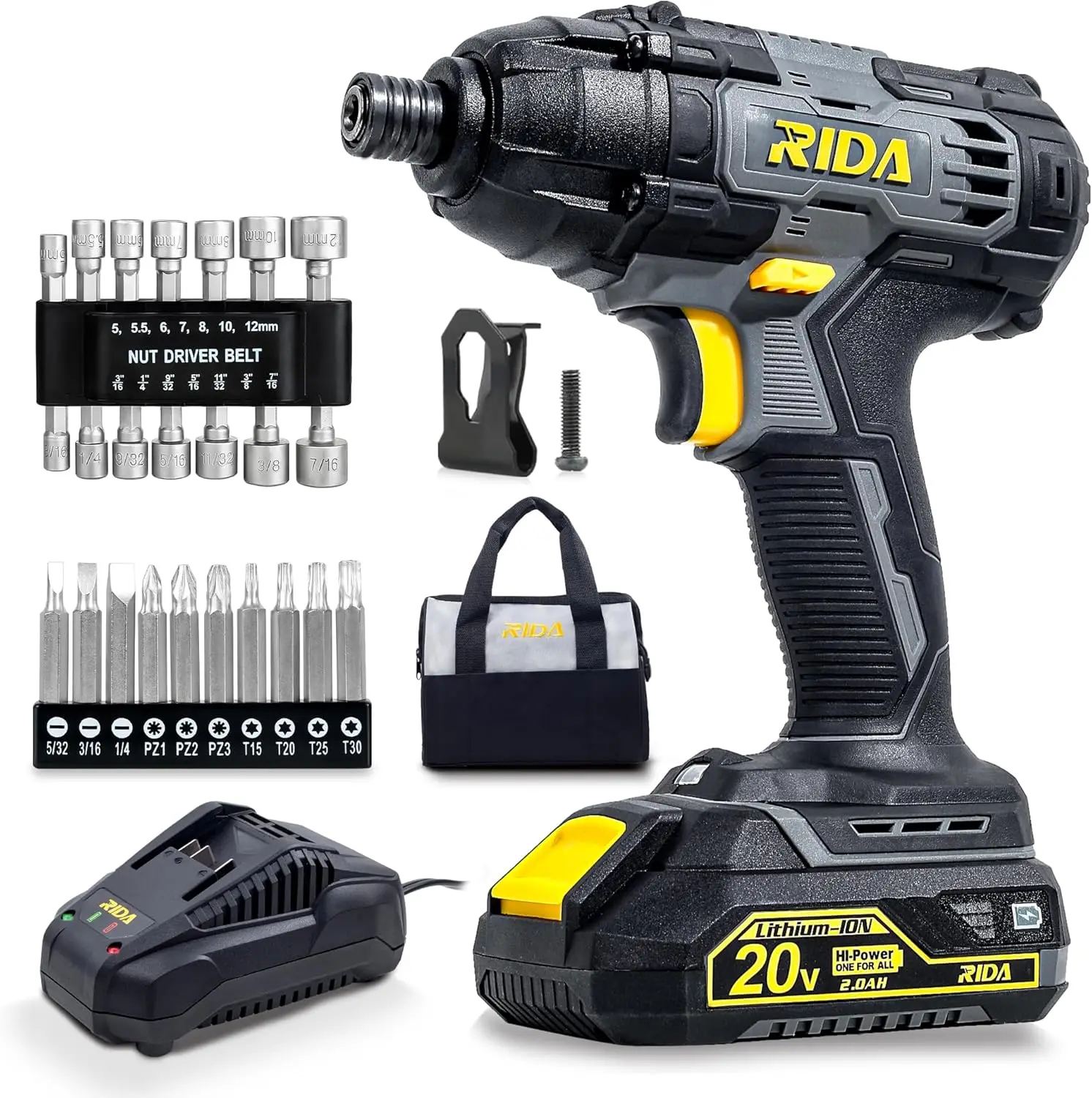 Rida Cordless Impact Driver Kit,180N.M 20V Electric Impact Drill/Driver Set 1/4