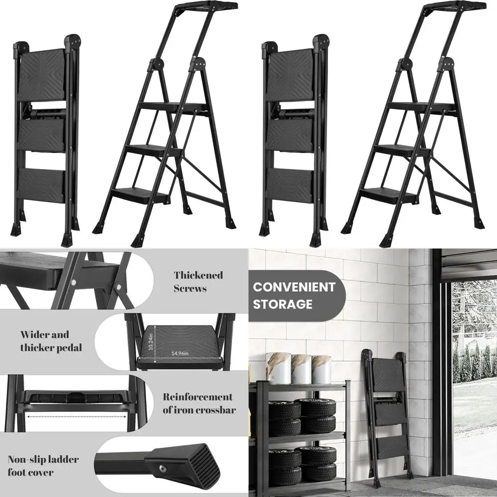 

Folding Ladder with Handrail and Tool Tray, Anti-Slip Pedals, 660 lbs Capacity, Steel Ladder for Home and Outdoor Use