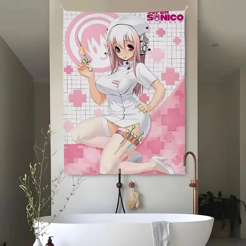 VIKAMA Soft Art Tapestry, Pink Angel Nurse Anime Mural, Fabric Wall Hanging for Study, Bedroom, and Living Room Wall Decor
